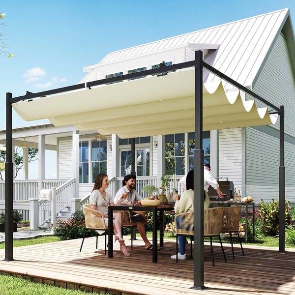 Trädgårdspergola - Paviljong 3 x 3 m - Skjutbart Tak - UV30+ - Gjutjärnsstomme - Polyesterduk med PA-beläggning - Magnetisk Fästning - Vit