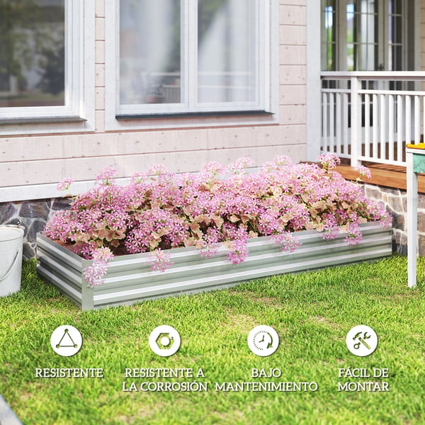 Odlingsbädd - Rektangulär - Galvaniserat stål - Öppen botten - Mått 241×90,5×30 cm - För uteplats & trädgård - Ljusgrå