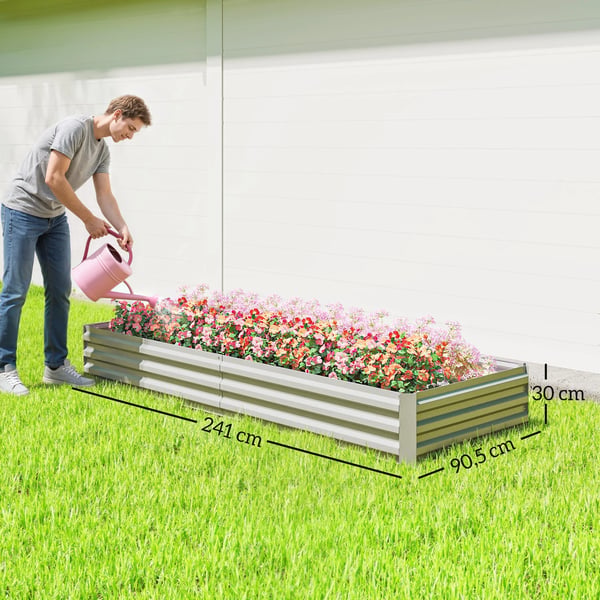 Odlingsbädd - Rektangulär - Galvaniserat stål - Öppen botten - Mått 241×90,5×30 cm - För uteplats & trädgård - Ljusgrå