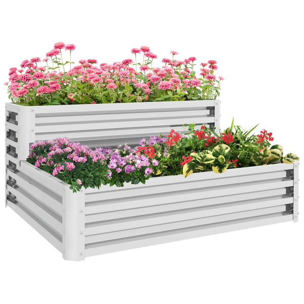 Odlingslåda - Planteringslåda - För utomhus - Galvaniserat stål - Trappstegsdesign - Öppen botten - Stor 120×101×58 cm - Vit