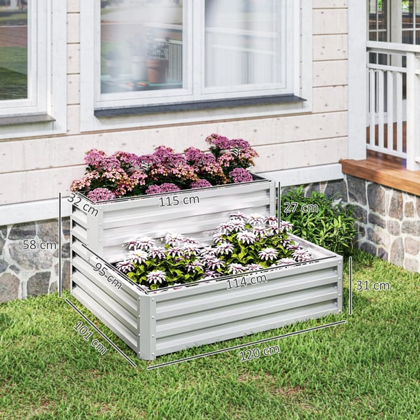 Odlingslåda - Planteringslåda - För utomhus - Galvaniserat stål - Trappstegsdesign - Öppen botten - Stor 120×101×58 cm - Vit