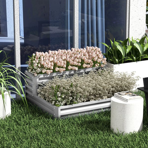 Odlingslåda - Planteringslåda - För utomhus - Galvaniserat stål - Trappstegsdesign - Öppen botten - Stor 120×101×58 cm - Vit