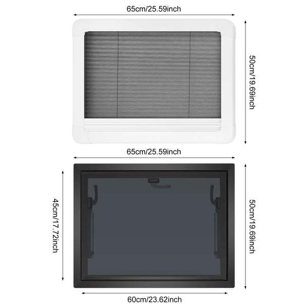 Autocamper-/campingvognsvindue - Tophængslet udadgående - 60×45 cm - 65° åbning - Væg 30–80 mm - 4 mm hærdet glas, aluminiumslegering - Sort