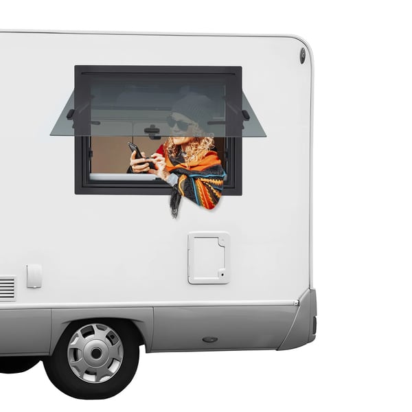 Autocamper-/campingvognsvindue - Tophængslet udadgående - 60×45 cm - 65° åbning - Væg 30–80 mm - 4 mm hærdet glas, aluminiumslegering - Sort