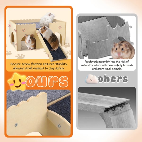 Smådyrhus - Træhus - Skjul og soveplads - Til hamster, marsvin, pindsvin, egern - Lysegrå