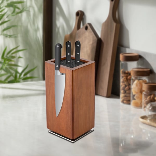 Magnetisk knivblok - Knivholder - 360° roterende - Træ & rustfrit stål - Fritstående til bordplade - Til køkkenknive & brødkniv - Brun