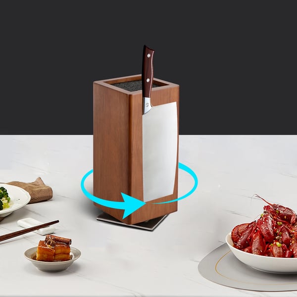 Magnetisk knivblok - Knivholder - 360° roterende - Træ & rustfrit stål - Fritstående til bordplade - Til køkkenknive & brødkniv - Brun