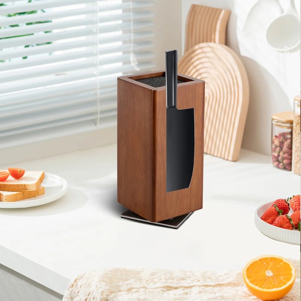 Magnetisk knivblok - Knivholder - 360° roterende - Træ & rustfrit stål - Fritstående til bordplade - Til køkkenknive & brødkniv - Brun