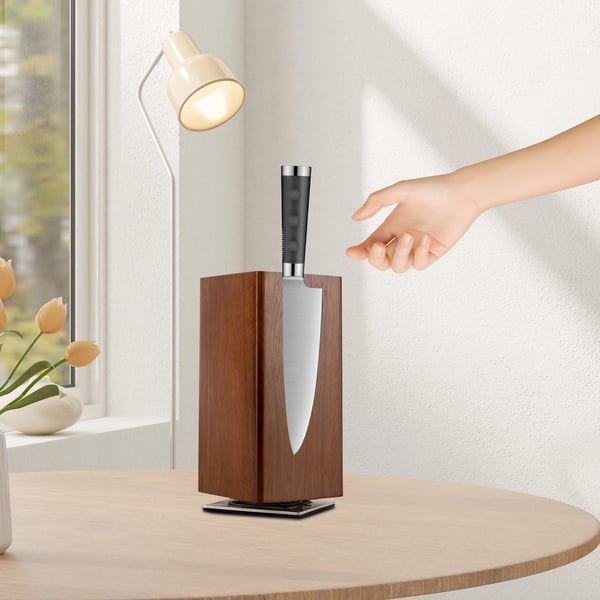 Magnetisk knivblok - Knivholder - 360° roterende - Træ & rustfrit stål - Fritstående til bordplade - Til køkkenknive & brødkniv - Brun