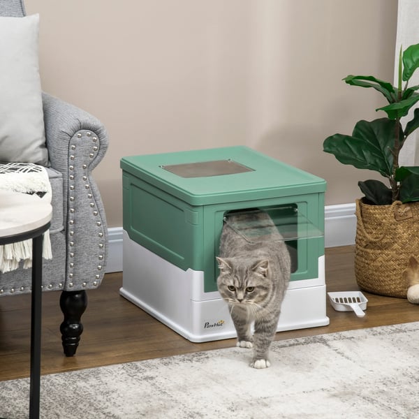 Kattlåda - Med tak - Avtagbar - Framingång & utgång uppifrån - Med spade - 47,5×35,5×36,7 cm - Blå