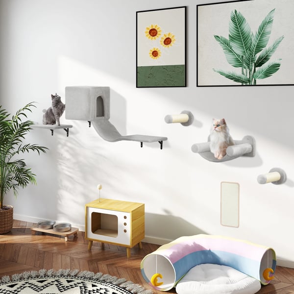 Kattklätterset - Väggmonterat klösträd - Set med 6 Delar, Koja, Plattform, Hängmatta, Trappa & Klösbräda - 106×30×30,5 cm - Beige