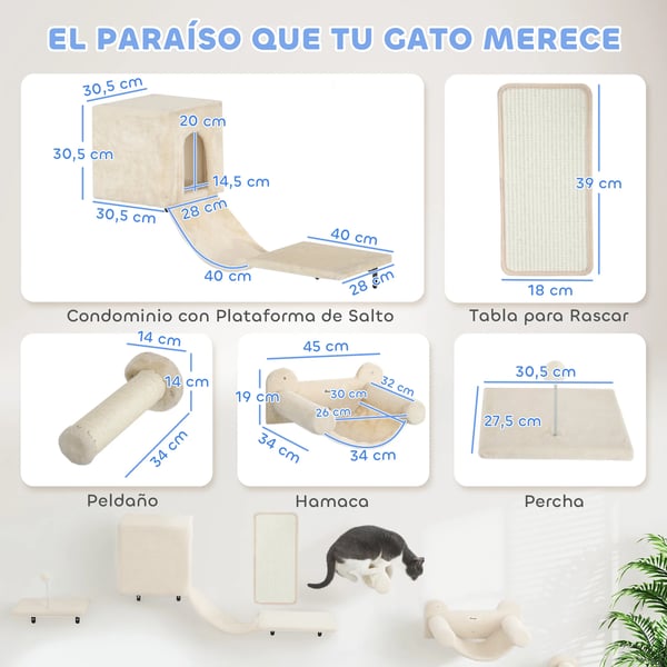 Kattklätterset - Väggmonterat klösträd - Set med 6 Delar, Koja, Plattform, Hängmatta, Trappa & Klösbräda - 106×30×30,5 cm - Beige