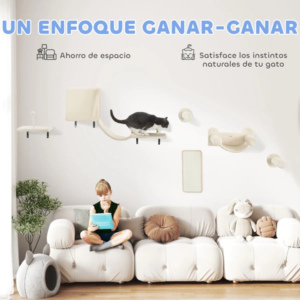 Kattklätterset - Väggmonterat klösträd - Set med 6 Delar, Koja, Plattform, Hängmatta, Trappa & Klösbräda - 106×30×30,5 cm - Beige