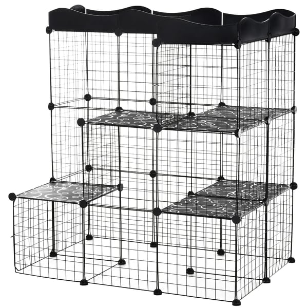 Modulär smådjursbur/gnagarbur - Flera nivåer - Stora dörrar - Ramper - Metall & PP-plastpaneler - 105×70×116 cm - Svart