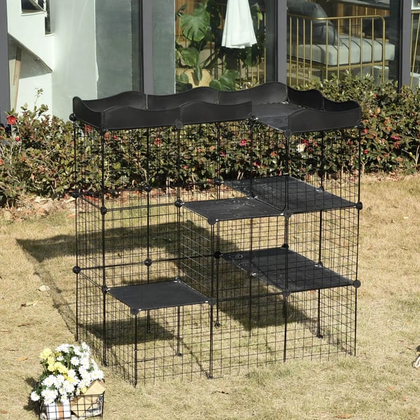 Modulär smådjursbur/gnagarbur - Flera nivåer - Stora dörrar - Ramper - Metall & PP-plastpaneler - 105×70×116 cm - Svart