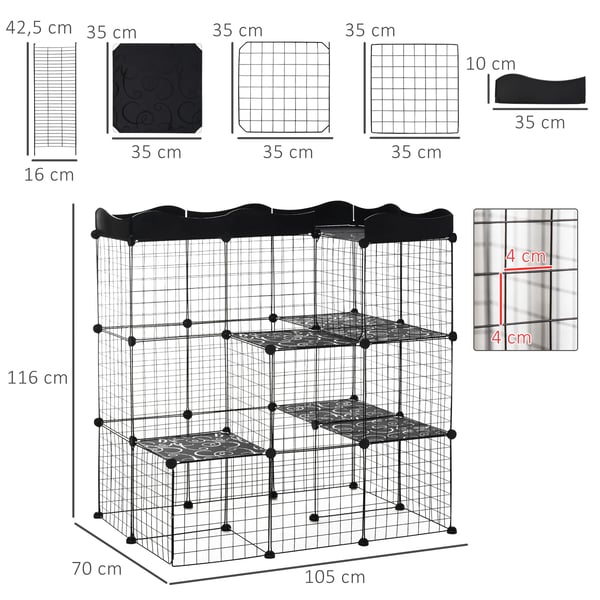 Modulär smådjursbur/gnagarbur - Flera nivåer - Stora dörrar - Ramper - Metall & PP-plastpaneler - 105×70×116 cm - Svart