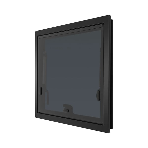 Autocamper/Caravan vindue - Tophængt udadgående - Udsnit 60×45 cm - Åbning 65° - Alu + hærdet glas 4 mm - Væg 30–80 mm - Sort