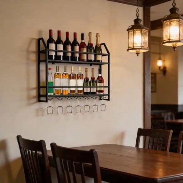 Vinreol - Væghængt vinflaskeholder - Stål - Rustbestandig - Til køkken & bar - Sort