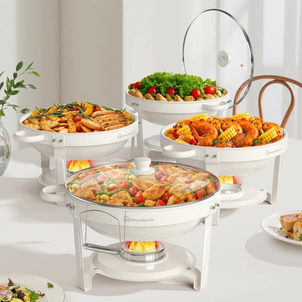 Buffetvarmer - Rund chafing dish sæt - 5 qt (4,7 l) pr. skål - Glaslåg - Vandbad - 4-pak - Sølv