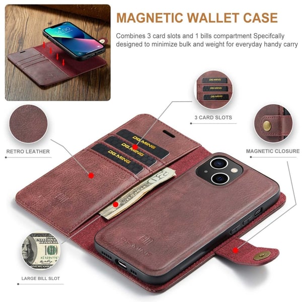 DG MING iPhone 14 2-i-1 Magnet Pungetui - Rød
