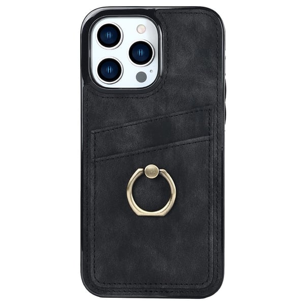 SKALO iPhone 14 Pro Max PU-nahkainen kortinhaltijan rengas - Musta