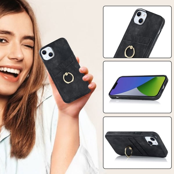 SKALO iPhone 14 Plus PU-læder kortholder Ring - Sort