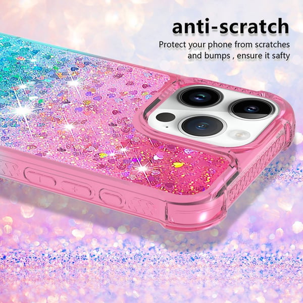 SKALO iPhone 16 Pro Max Kvicksand Glitter Hjerter TPU Cover - Pink-Turkis