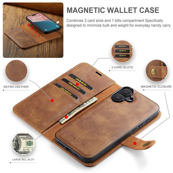 DG MING iPhone 16 Plus 2-i-1 Magnet Pungetui - Brun