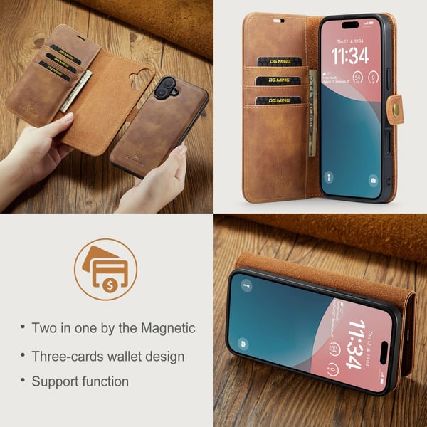 DG MING iPhone 16 Plus 2-i-1 Magnet Pungetui - Brun