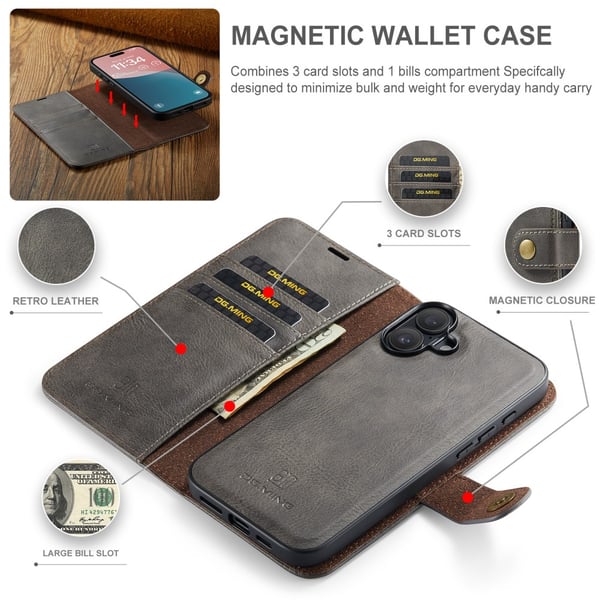 DG MING iPhone 16 2-in-1 magneetti lompakkokotelo - Harmaa