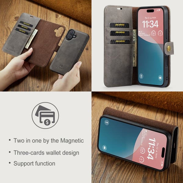 DG MING iPhone 16 2-in-1 magneetti lompakkokotelo - Harmaa