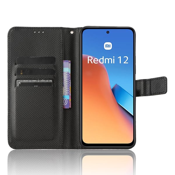 SKALO Xiaomi Redmi 12 4G/5G Premium Mini Rhombus Wallet Flip Cover - Sort