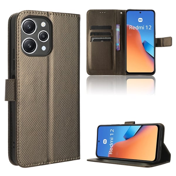 SKALO Xiaomi Redmi 12 4G/5G Premium Mini Rhombus Wallet Flip Cover - Brun