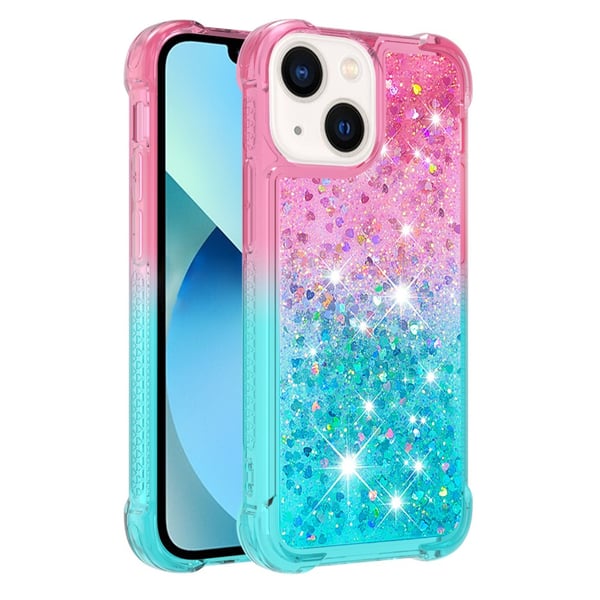 SKALO iPhone 15 Plus Juoksuhiekka Glitter Sydämet TPU kuori - Pinkki-Turkoosi