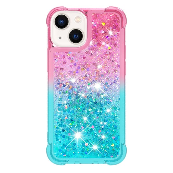 SKALO iPhone 15 Kvicksand Glitter Hjerter TPU Cover - Pink-Turkis