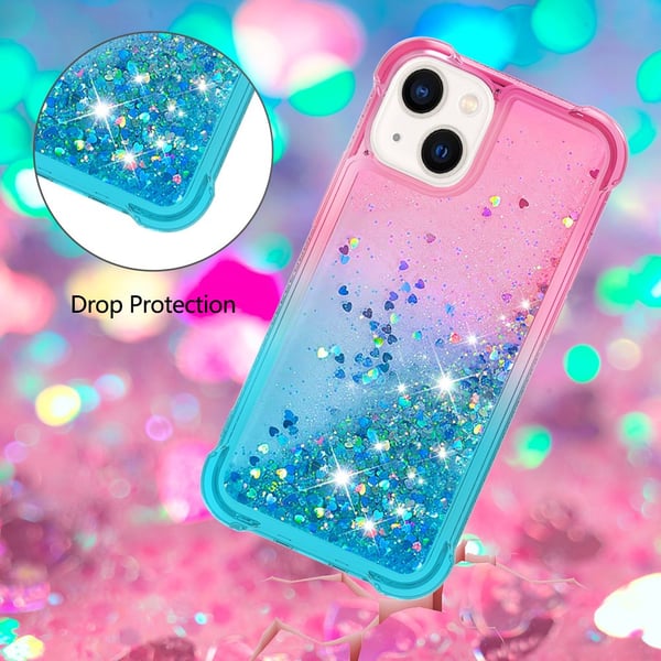 SKALO iPhone 15 Kvicksand Glitter Hjerter TPU Cover - Pink-Turkis