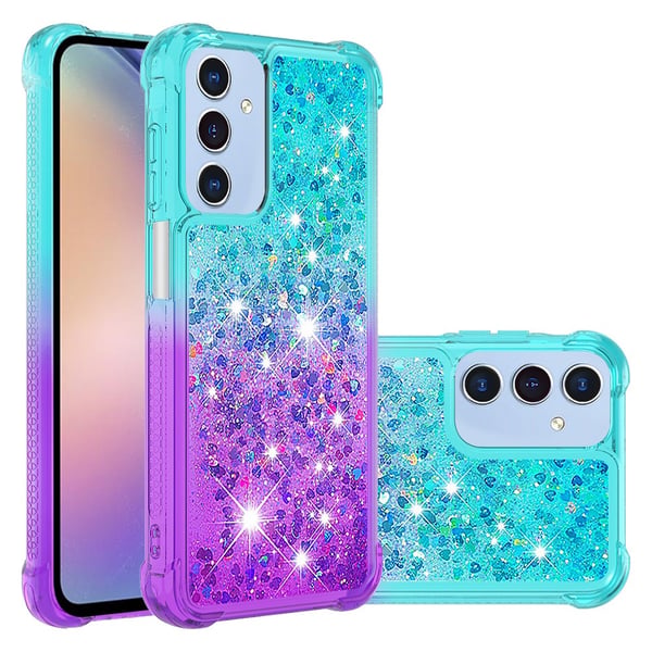 SKALO Samsung A15 5G Kvicksand Glitter Hjerter TPU Cover - Turkis-Lilla