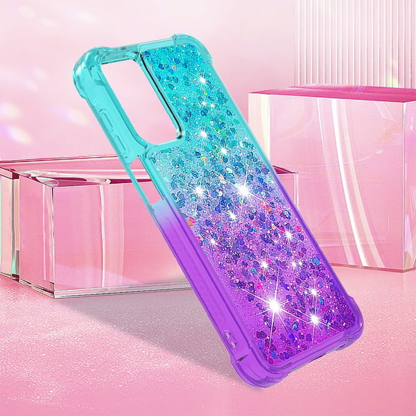 SKALO Samsung A15 5G Kvicksand Glitter Hjerter TPU Cover - Turkis-Lilla