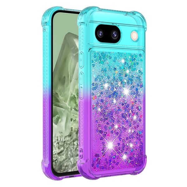 SKALO Google Pixel 8a Kvicksand Glitter Hjerter TPU Cover - Turkis-Lilla