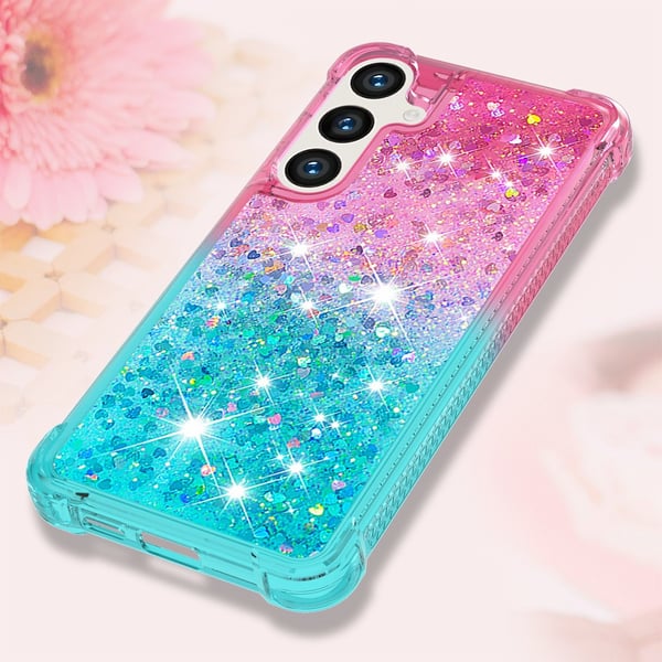 SKALO Samsung S24 Kvicksand Glitter Hjerter TPU Cover - Pink-Turkis