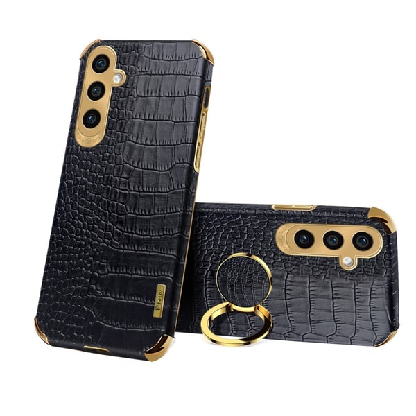 SKALO Samsung A25 5G Crocodile Guldkant Ring Cover - Sort