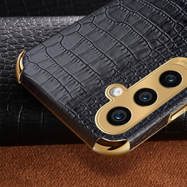SKALO Samsung A15 4G Crocodile Guldkant Cover - Sort