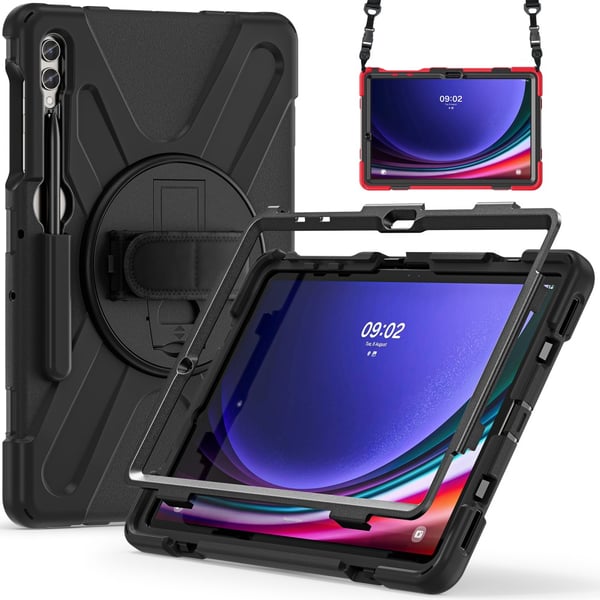 SKALO Samsung Tab S9+/S9 FE+ Extra Shock Resistant Armor Handle Kuori Olkahihnalla - Musta