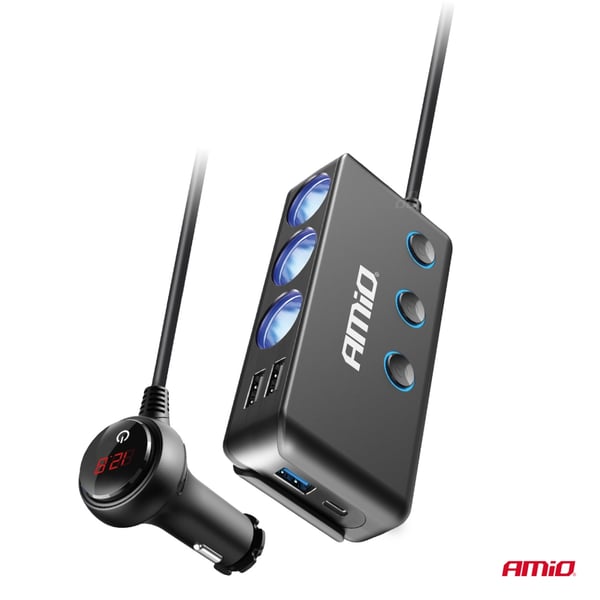 Cigarettænder-splitter, T-stik, voltmeter, USB-oplader, USB-C, 12V, 24V, AMIO-03781