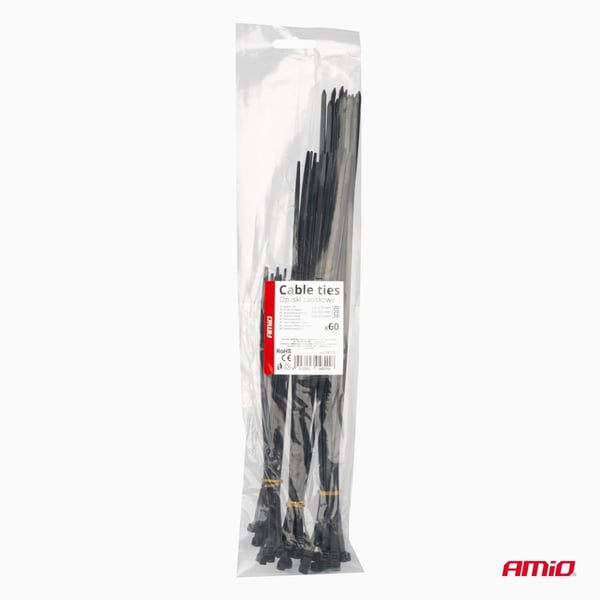 Sorte lange plastikkabelbindere, sæt med 60 stk. AMIO-04315