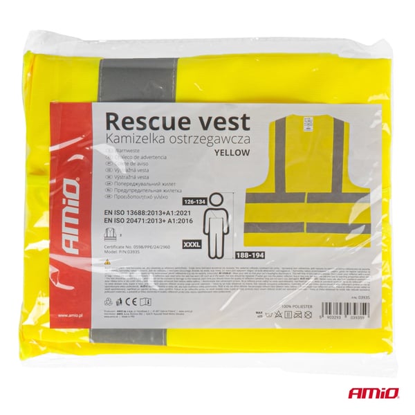 Gul reflexvarningsväst XXXL med AMIO-03935-certifikat