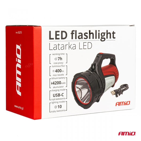 T6 + COB uppladdningsbar ficklampa 10 lägen AMIO-03275