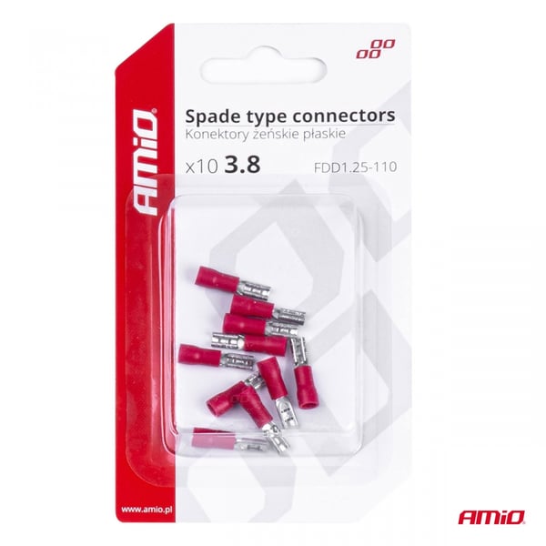 Isolerede hun-fladstik 3,8 mm 0,5-1,5 mm² 10A 10 stk. AMIO-03060