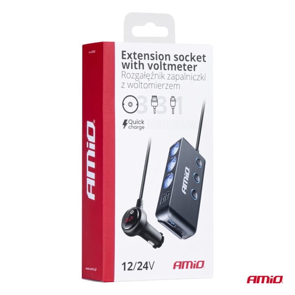 Cigarettænder-splitter, T-stik, voltmeter, USB-oplader, USB-C, 12V, 24V, AMIO-03781