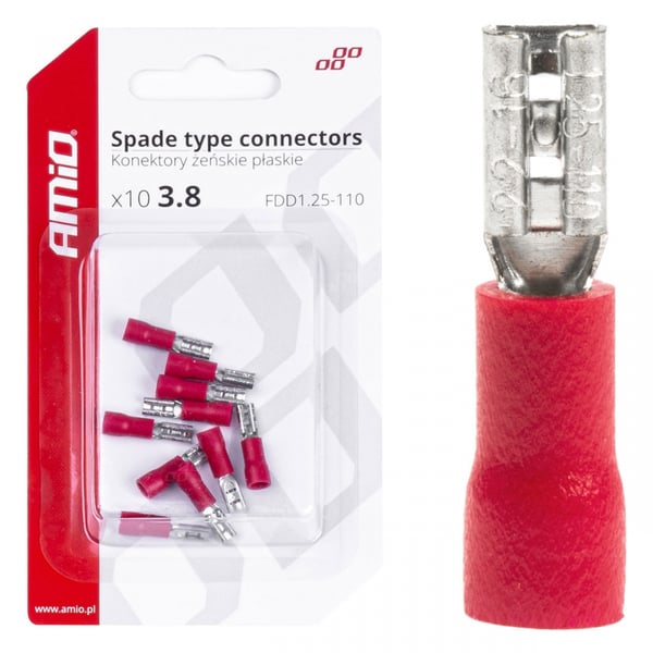 Isolerede hun-fladstik 3,8 mm 0,5-1,5 mm² 10A 10 stk. AMIO-03060